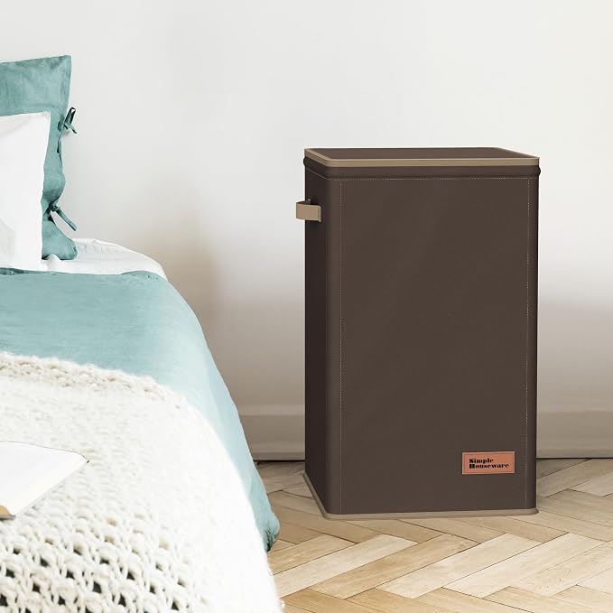 Simple Houseware Foldable Laundry Hamper Basket with Lid and Bag, Brown | Heavy Duty 600D Polyester, Water-Resistant Surface