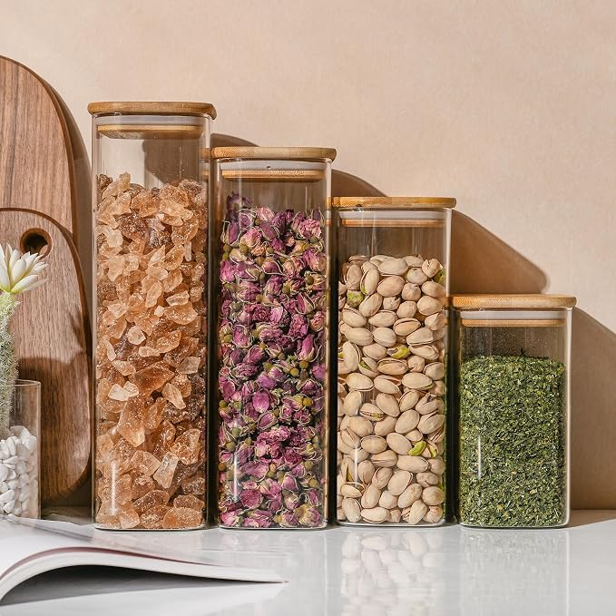 D2scrma 37oz Rectangle Airtight Glass Storage Containers with Bamboo Lids (Set of 6), Square Food Storage Jar, Pantry Organizers for Cereal, Nuts, Snacks and Coffee beans (with Black Lable)