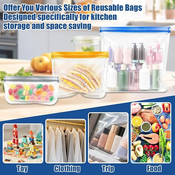 26Pack Reusable Silicone Bags, 3 Size Leakproof Food Storage Bags Dishwasher Safe, Silicone Bags Containers for Meal Prep Containers, Salad Fruit, Vegetables, Home Organization, Lunch Sandwich Bag