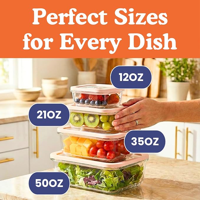 Ziruma Non-Toxic Glass Food Containers with Lids, 4-Pack, Multi-Size, Gray | Plastic & BPA free. Glass body, glass lid & platinum silicone seal. Airtight & leakproof. Freezer & microwave safe.