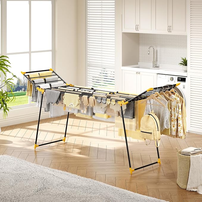 KINGRACK Clothes Airer with 2 Folding Wings, Extendable Stand Dryer Made of Tubular Steel, Variable Width 177.8-254 cm, Foldable Wing Clothes Dryer for Balcony & Indoor Use, Space Saving (Yellow, L)