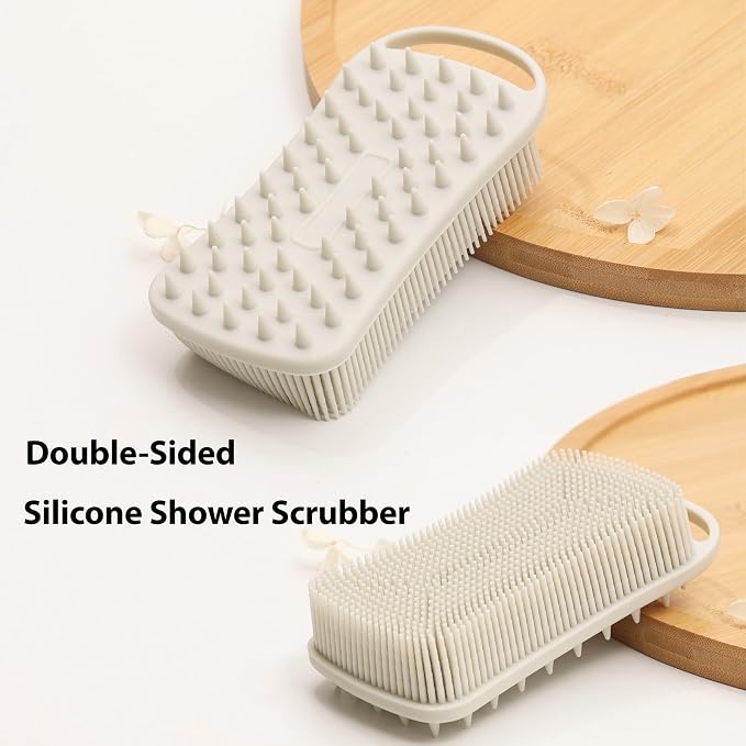 MtBoi 2 PC Silicone Body Scrubber, 2 in 1 Exfoliating Shower Bath Scrubber, Soft Silicone Loofah for Sensitive Skin, Shower Hair Scalp Massager, Easy to Clean, Lather Well (Grey&Blue)