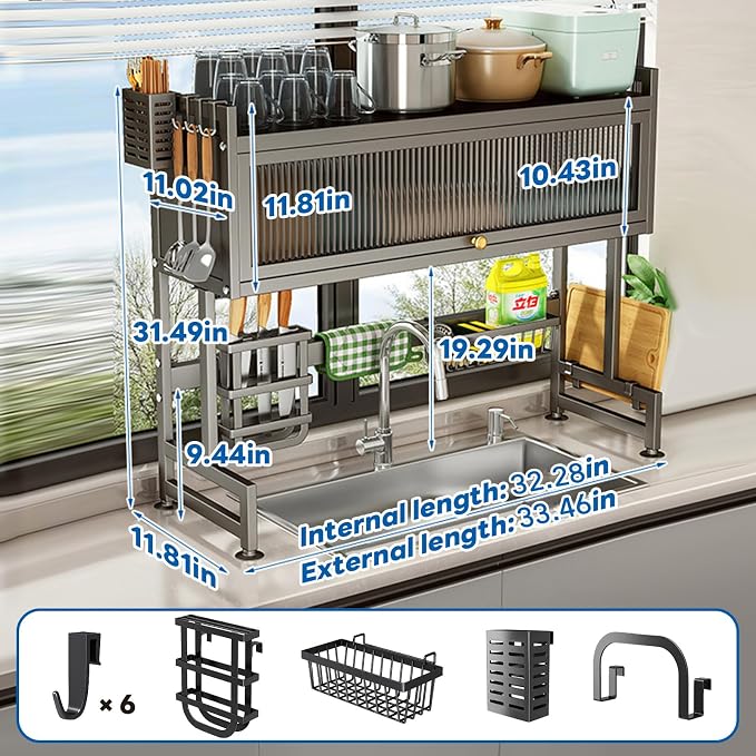 Hdrriozu Over the Sink Dish Drainer Drying Rack 3 Tier with Cover | Rust resistant built to last. Easy install simple tools. Holds all dishes glasses bowls. Space saving over sink tidy kitchen.