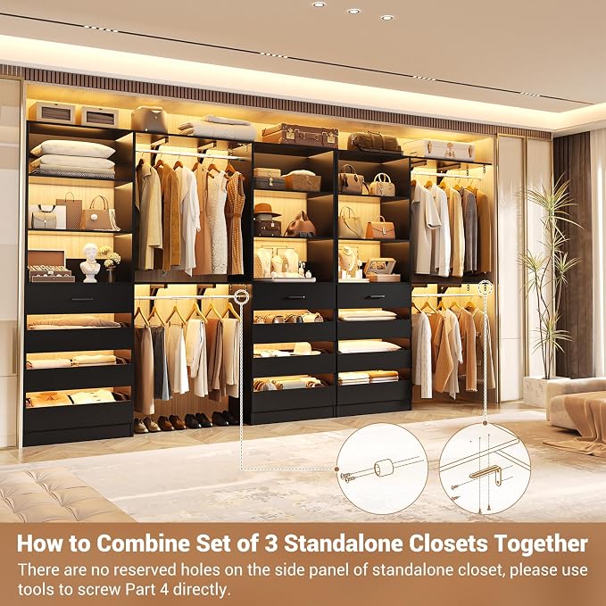 Aheaplus Closet System with 12 Drawers, 138.5" Wood Closet Organizer System with 4 Hanging Rods & Top Shelves, 6.7+4.85Ft L Shaped Corner Walk-in Closets Wardrobe Organizer Rack, Set of 3, Black