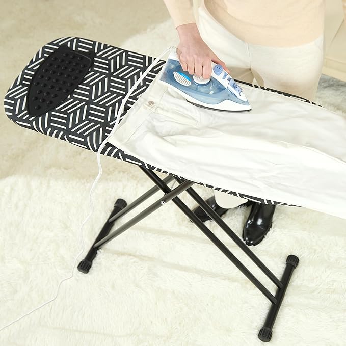 caius Ironing Board with Extra Thick Heavy Duty Padded Cover, Full Size Iron Board, Full Metal Construction, Easy to Fold, Adjustable Height (43x13in Black)