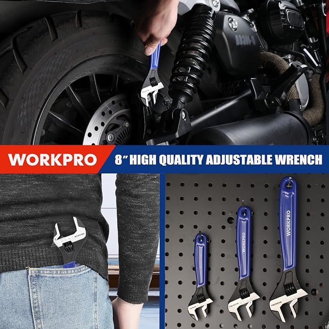 WORKPRO 8-Inch Adjustable Wrench, Cr-V Steel Wide Jaw Black Oxide Wrench | Metric & SAE Scales,Ideal for Home Repairs, Garage, Workshop and DIY Applications