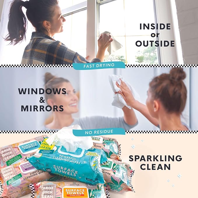 Juniper CLEAN 6 Packs Surface Cleaning Wipes Bleach Free, Thick & Large Dispose, All-Purpose Cleaner for Bathroom, Kitchen, Office, 600 Count Soft Flow, Biodegradable, Juniper Scent