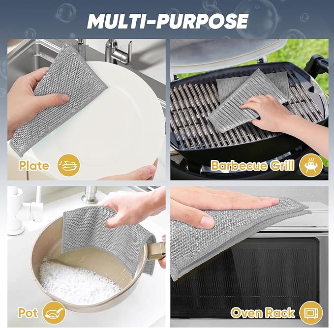 Orighty Multipurpose Wire Dishwashing Rag, 48 Pcs Upgraded Double-Layer Non-Scratch Wire Dish Cloths, Reusable Steel Scrubber Dishcloth Rags for Kitchen, Cookware, 7"x8", Grey