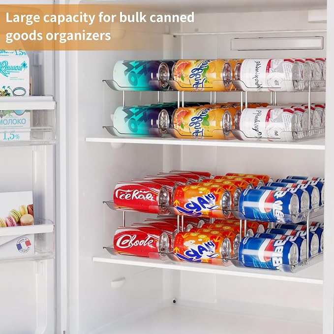 LXLXXL Can Organizer for Pantry Canned Food Storage Goods Holders 4 Tier | Automatic Rolling, Clear Acrylic Can Storage Rack, Sturdy and Stackable, for Fridge Cabinet Pantry Kitchen Desktop Storage