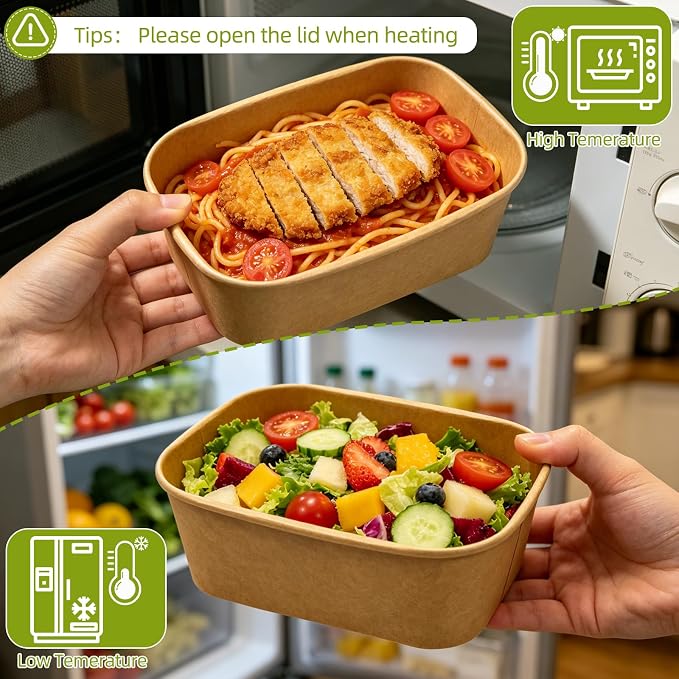 50 Pack Paper Meal Prep Containers with Lids, 35 oz Thicken Disposable and Compostable Take out Food Containers Rectangular to Go Paper Bowls for Leftovers, Salad, Soup, Snack