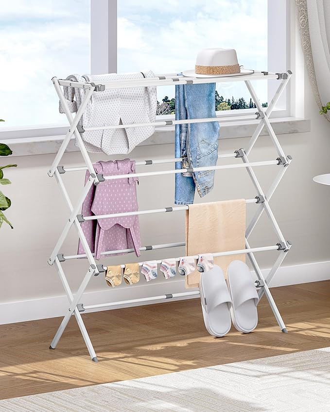 APEXCHASER 3-Tier Foldable Clothes Drying Rack, 37.6" H, White | Rust-resistant Metal, Tool-free Assembly, Extendable Drying Hanger, Fold Flat to Easy Storage, 11.8" D x 35" W, Holds 24lbs