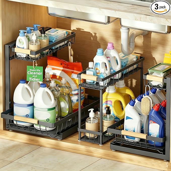 Sevenblue 3 Pack Under Sink Organizer, Height Adjustable 2 Tier Pull-Out Metal Under Kitchen Sink Organizer, Multi-Purpose Storage Shelves for Kitchen Bathroom Cabinet