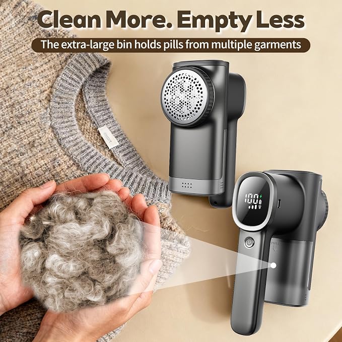 Rechargeable Fabric Shaver & Lint Remover, Electric Sweater Defuzzer with 3 Speeds, 6 Leaf Blades, LED Display & Type-C Fast Charging, Lint Shaver for Clothes, Furniture, Sweater, Couch