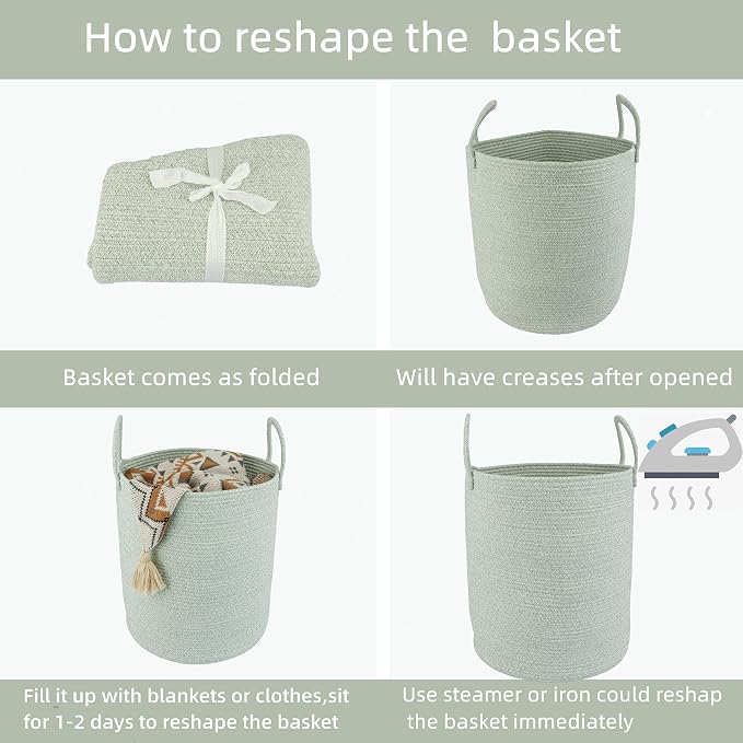 XUANGUO Cotton Rope Laundry Basket Hamper for Clothes,Large green | Woven Storage Basket for Living Room Bedroom Boho Tall Rope Baskets for Blanket Toys Pillow Towels Baby Nursery Hamper Bin