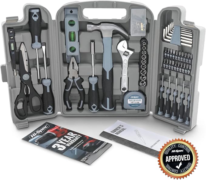 Hi-Spec General Household Tool Set - Home & Garage Hand Tool Kit with Case | 54pc, socket and wrench coverage, roadside fixes, organized box, garage maintenance help, bike and vehicle tasks, repairs