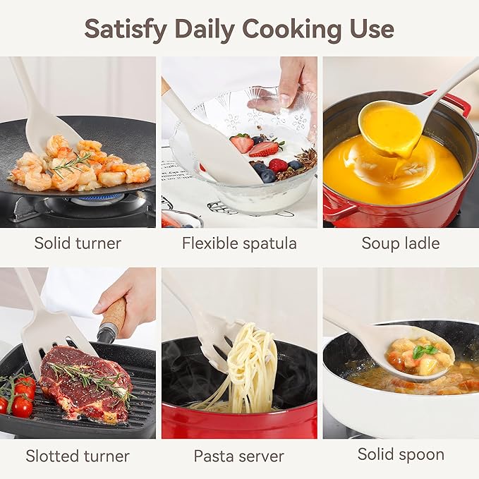 NCUE Kitchen Utensils Set, Large Non-stick Silicone Cooking Utensils Set 6 Pcs, Wooden Handle Heat Resistance Silicone Spatula Soup Ladle Pasta Server Kitchen Gadgets Utensils Set BPA Free (Khaki)