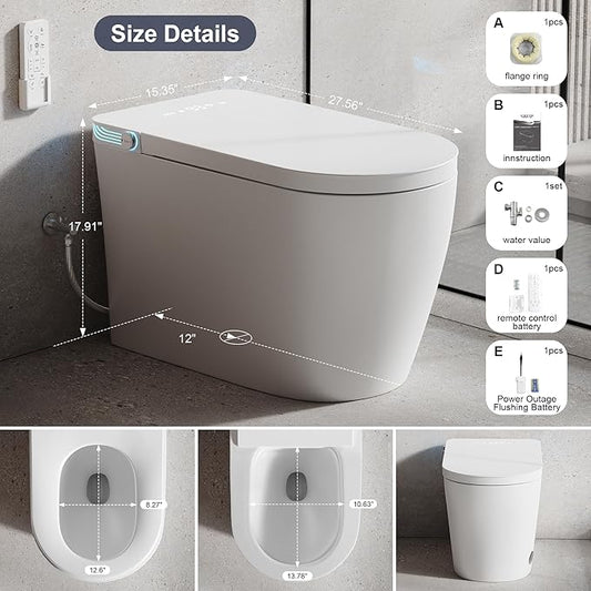 Smart Toilet with Bidet, Heated Seat, Auto Flush, Auto Soft-Close Seat & Lid, Foot Sensor, Warm Water Wash&Air Dry, Tankless Electric One Piece Toilets for Bathroom with Siphon Dual Flush