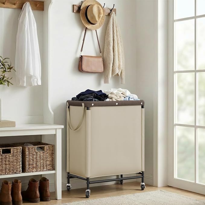 StorageWorks 2 Section Laundry Hamper, 100L Tan Sorter Cart with Wheels