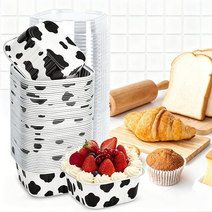 30Pack 5oz Cow Mini Cake Pans with Lids Baking Cups Aluminum Foil Pans Tins, Individual Dessert Cups Containers for Sales,Party,Picnics