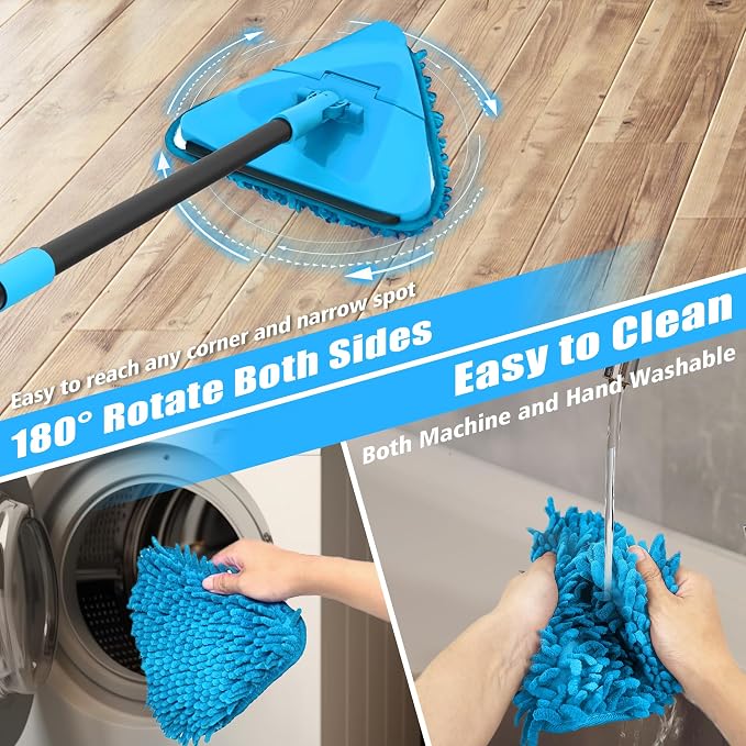 NEWE Wall Mop Cleaner with 80 Inch Long Handle, 180° Folding Ceiling Cleaner with Squeegee, Cabinet Cleaning Tool, Wall Scrubber, Triangle Baseboard Scrubber, 4 Chenille Duster & 2 Microfiber Pads