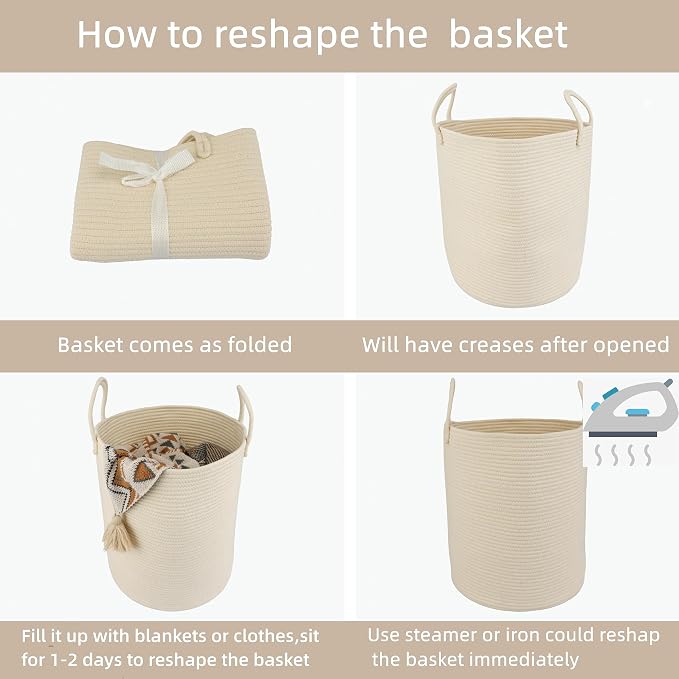 XUANGUO Cotton Rope Laundry Basket Hamper for Clothes, beige | Woven Storage Basket for Living Room Bedroom Boho Tall Rope Baskets for Blanket Toys Pillow Towels Baby Nursery Hamper Bin