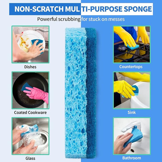 Non-Scratch Cellulose Scrub Sponges 24 Pack, Kitchen Sponge with Double-Side & Ergonomic Design. Sturdy Sponge for Dishes, Coated Cookware, Sink, Countertops.