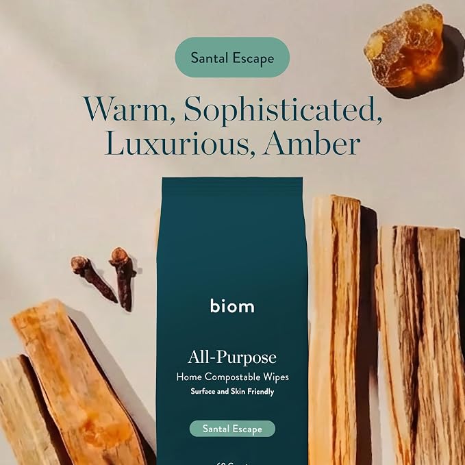 Biom All-Purpose Cleaning Wipes Refill (8pk x 60ct Each) - Biodegradable, All Natural, Plant-Based, Non-Toxic Wipes for Home & Travel - Kid & Pet Friendly (Santal)