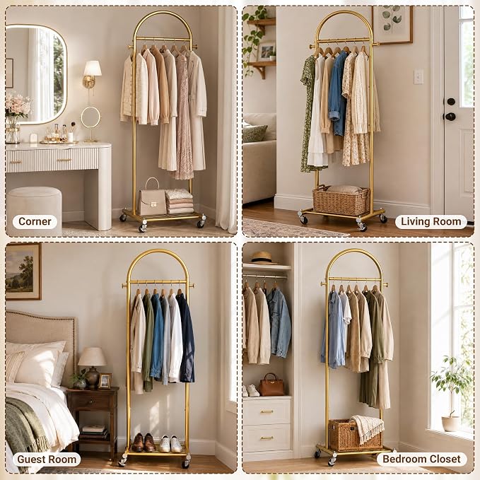 MISSLO 18" Small Clothes Racks for Hanging Clothes Arched Shape Gold Clothing Rack with Wheels 70" Metal Rolling Garment Rack with Shelves for Small Space, Bedroom, Laundry, Gold