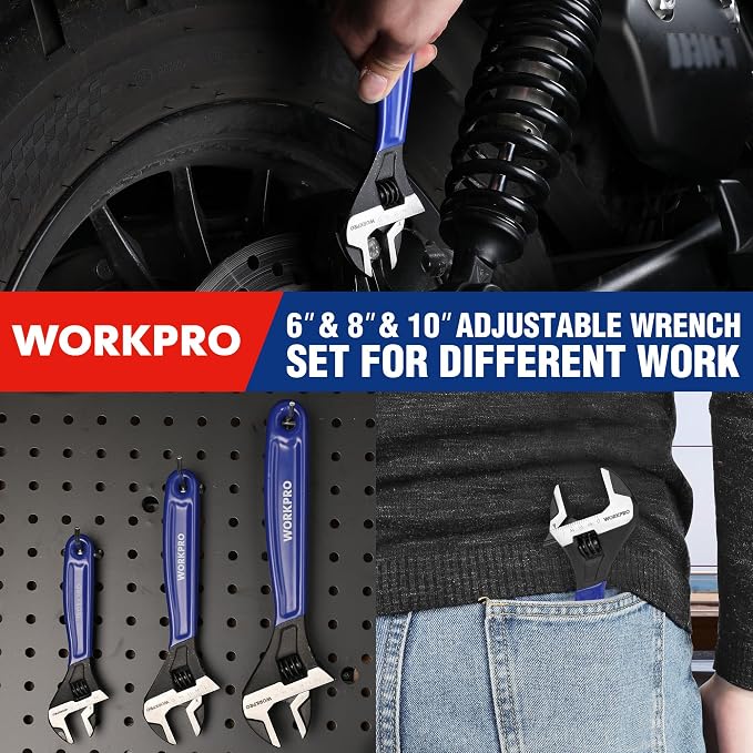 WORKPRO 3 PCS Adjustable Wrench Set, 6", 8" & 10" Wide Jaw Wrenches | Cr-V Steel Wrenches with Black Oxide Finish, Metric & SAE Scales for Home, Garage and Workshop Use