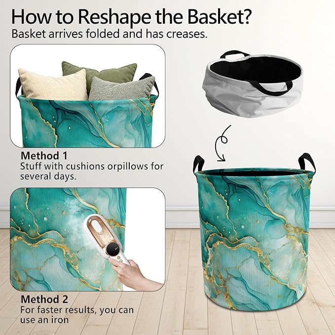 Turquoise and Gold Modern Abstract Laundry Basket with Handles, Luxury Marble Contemporary Collapsible Waterproof Laundry Hamper Clothes Storage Basket for Bedroom Bathroom Home