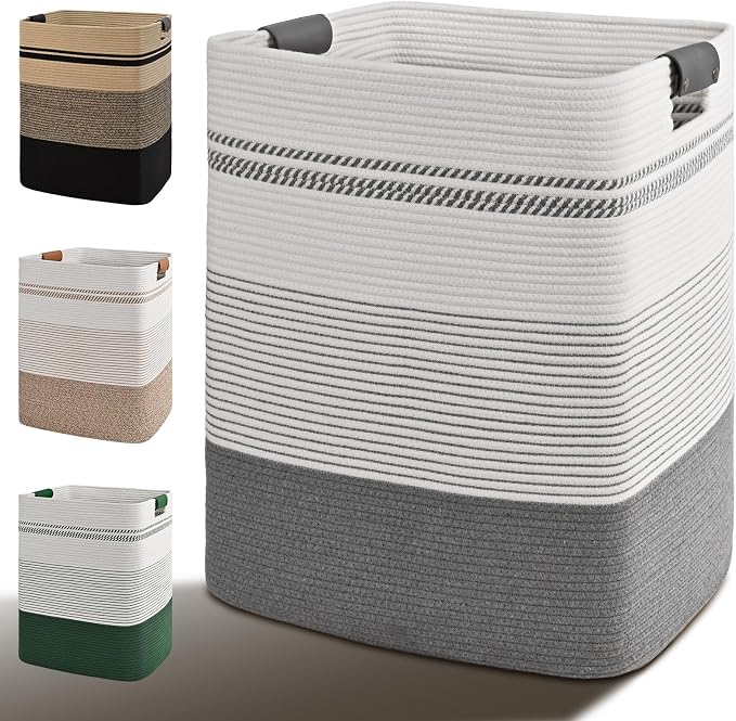 Laundry Hamper, 75L Tall Laundry Basket with Leather Handles, Rectangle Large Clothes Hamper for Organizing, Cotton Woven Laundry Baskets Storage Hampers for Bedroom, Nursery, Living Room