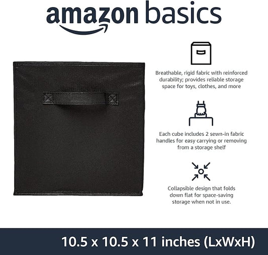 Amazon Basics Collapsible Fabric Storage Bins Organizer with Handles, Sturdy, Foldable, 10.5" x 10.5" x 11", Black, 6-Pack