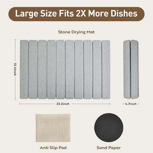 Large Stone Drying Mat for Kitchen Counter 24x16 Inch, Diatomaceous Earth Super Absorbent | Quick Dry Non-Slip Collapsible Dish Mat for Dishes Utensils Cups | Eco-Friendly Counter Protector, Grey