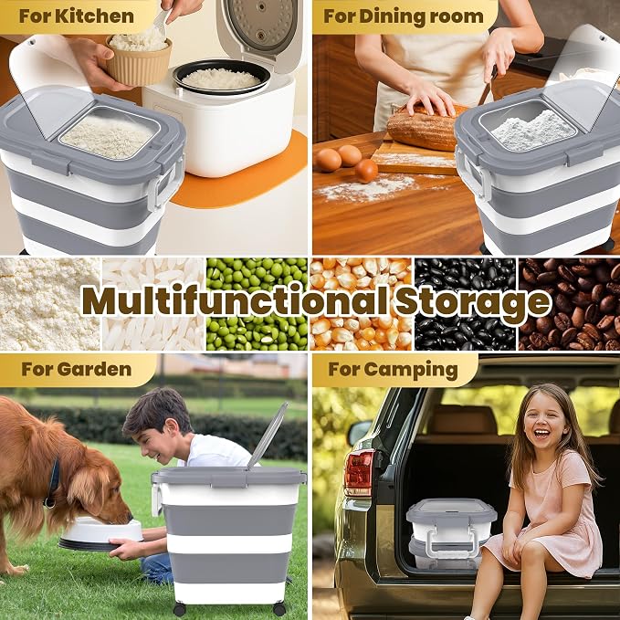 HOYTAMDA 25-35Lbs Rice Container,Collapsible Airtight Food Storage Containers with Wheels,Handle,Rice Storage Container with Small Bin and Scoop,Rice Dispenser for Flour Sugar Cereal Grain Dog Cat