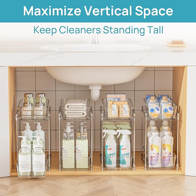 Vtopmart 2 Pack Higher Bathroom Organizer, 2 Tier White Under Sink Organizers Vanity Countertop Storage Container,Cabinet Drawers Bins, Pull-Out Organization with Track for Pantry, Kitchen