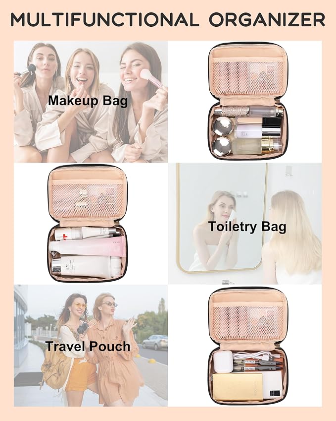 Relavel Small Makeup Bag, Travel Cosmetic Bag with Makeup Brush Compartment, Cute Make Up Pouch for Women, Double Layer Toiletry Organizer for Short Trip, Office - Black