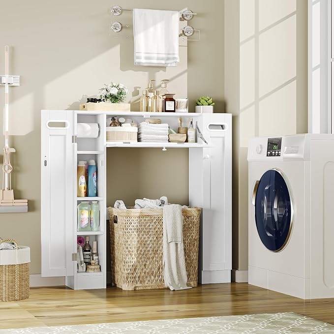Keyluv Short Over The Toilet Storage Cabinet with Adjustable Shelves, 38.6" Low-Profile Over Toilet Bathroom Organizer with Built-in Paper Holder & Drop-Down Door for Small Bathroom, White