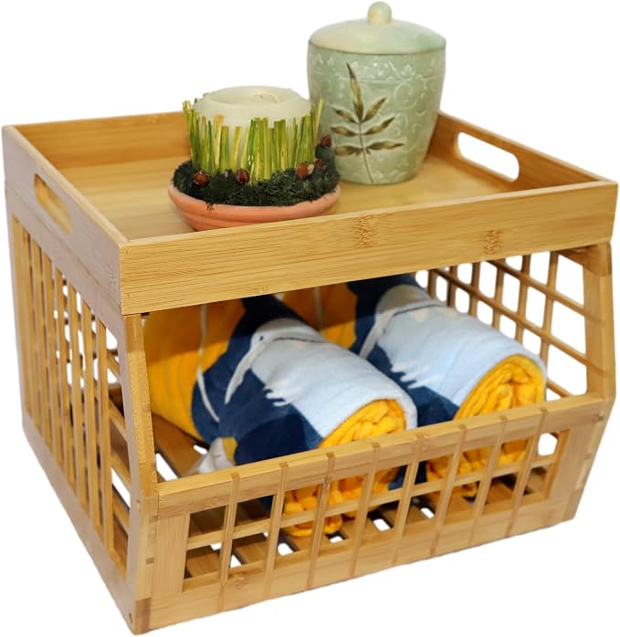 Bamboo Stackable, Open Front, Medium Storage Bins with Serving Tray Lid