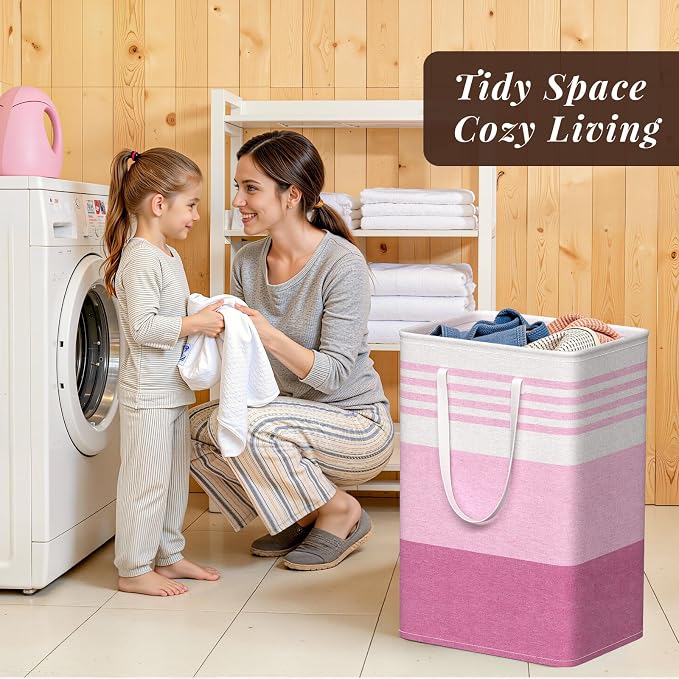 WOWBOX 2 Pack Laundry Baskets, Laundry Hampers, Freestanding Dirty Clothes Hampers with Reinforced Handles & Cross Stitch & Waterproof Coating, for Laundry Bedroom Bathroom Dorm,75L Pink