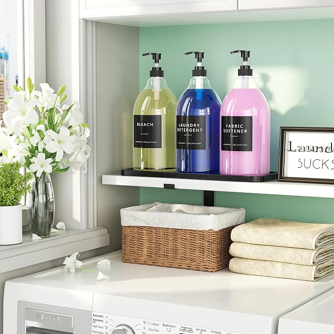 Moforoco 3 Pack Black Liquid Laundry Detergent Dispenser with Bamboo Tray, 64 Oz Plastic Laundry Soap Dispenser, Fabric Softener Dispenser with Pump and Labels for Laundry Room Decor and Organization