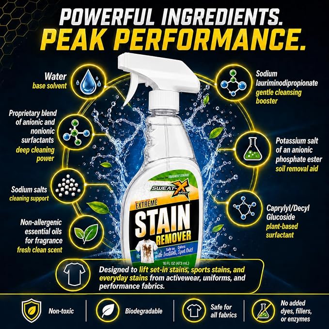 Sweat X Extreme Stain Remover Spray for Clothes, 16 fl oz, 2 Pack | Professional Spot Treater for Performance Fabrics and Activewear, Safe for All Fabric Types, Powerful Non Toxic Formula