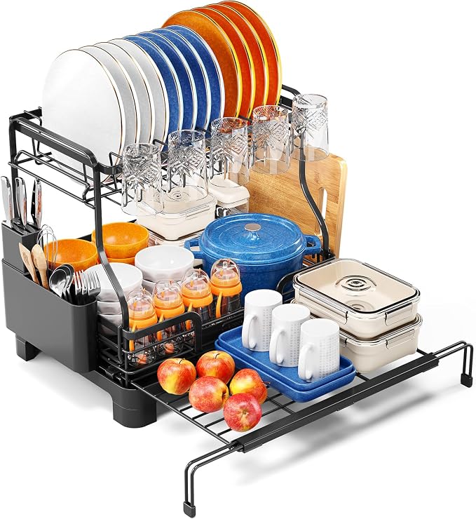 Urackify 2-Tier Expandable Dish Drying Rack for Kitchen Counter, Large Over Sink Dish Drainer with Drainboard & Cup Holder, 3-in-1 Multifunction Dish Rack Organizer, Black