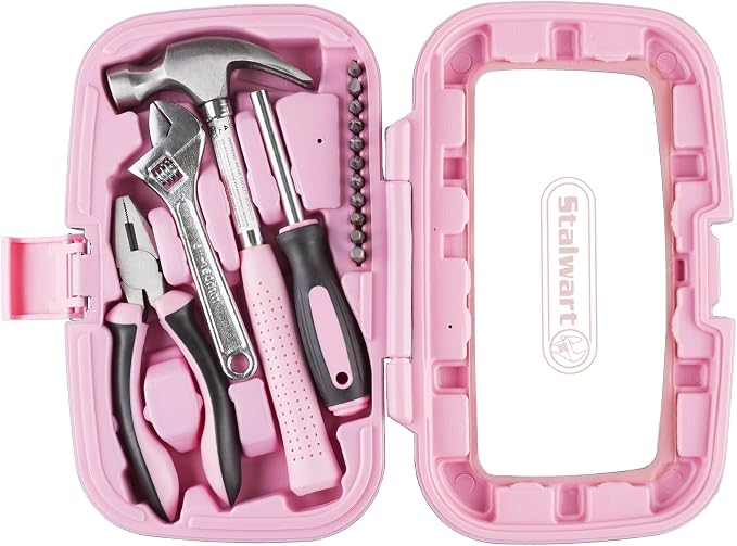 15-Piece Household Hand Tool Set with Carry Case – Tool Kit with Screwdrivers, Pliers, and Wrenches – Great for Home or Car by Stalwart (Pink)
