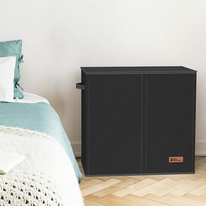 Simple Houseware Double Laundry Hamper with Lid & Removable Bags, Black | Heavy Duty 600D Polyester, Water-Resistant Surface