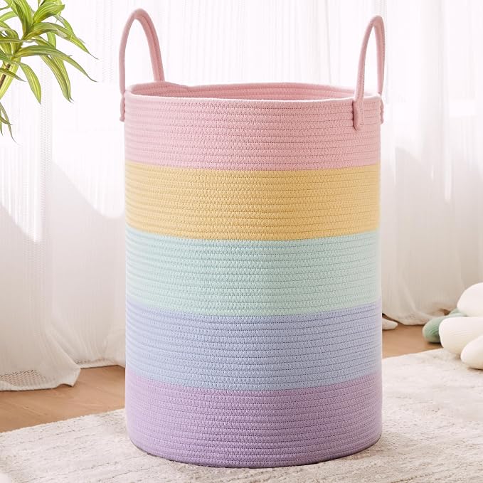 80L Large Rainbow Hamper Tall Woven Laundry Basket for Girls Kids | Clothes Hamper for Baby Nursery Toy in Playroom Blanket Basket for Living Room Bedroom 16"D x 22"H Pastel Unicorn