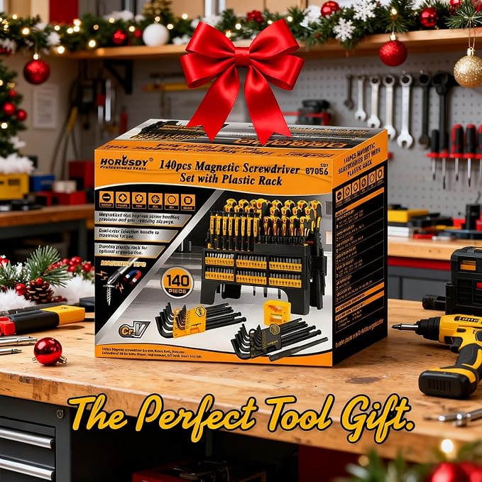 HORUSDY 140-Piece Magnetic Screwdriver Set with Plastic Racking, Includes SAE & Metric Hex Keys, Precision Screwdriver and Magnetizer Demagnetizer DIY Tools for Men Tools Gift