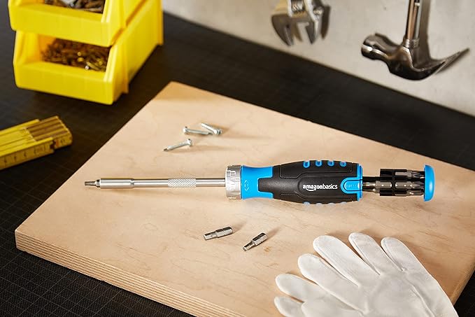 Amazon Basics 12-in-1 Ratcheting Magnetic Screwdriver Set with Bit Storage in Handle, Portable Repair Tool Kit, Security Torx, Phillips, Flat, Hex, Torx, Black, Blue, Silver