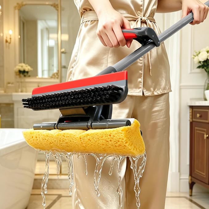 Pop-up Sponge Mop for Floor Cleaning, Home Commercial Cellulose Sponge Roller Mop with 2 Refill Heads, Includes Squeegee and Brush for Hardwood Tile Concrete Bathroom Kitchen Wall Ceiling