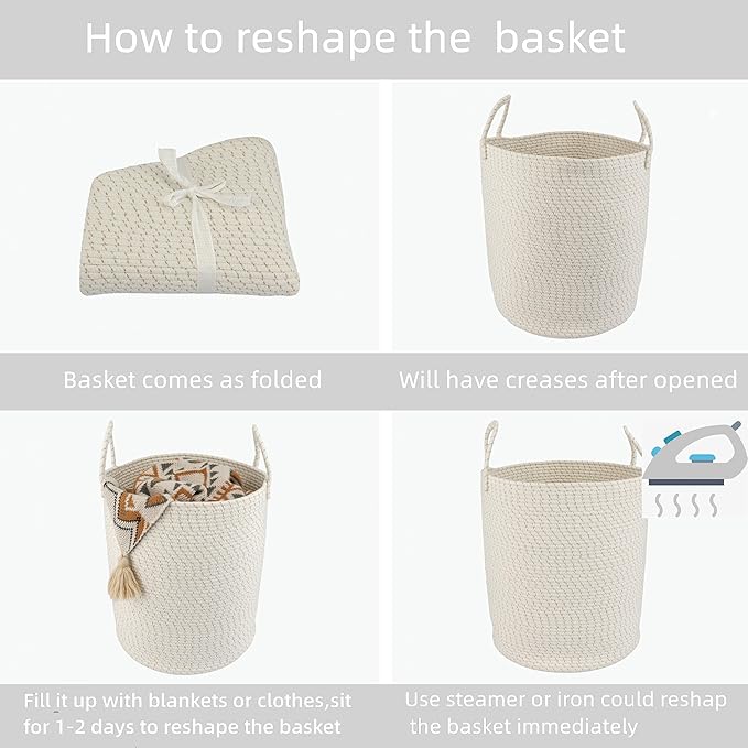 XUANGUO Cotton Rope Laundry Basket Hamper for Clothes, striped | Woven Storage Basket for Living Room Bedroom Boho Tall Rope Baskets for Blanket Toys Pillow Towels Baby Nursery Hamper Bin