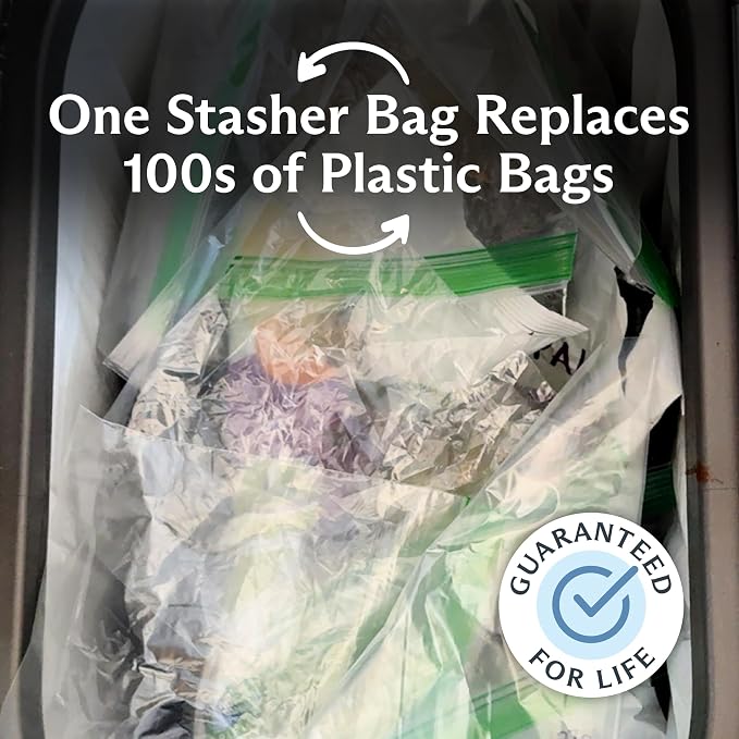 Stasher Silicone Reusable Storage Bags & Stretch Lids, 10-Pack Starter Kit, Reusable Freezer Bags, Microwave, Dishwasher, Oven Safe, Sous Vide, Lunch Containers, Eco Friendly, Food Storage Bags, Clear